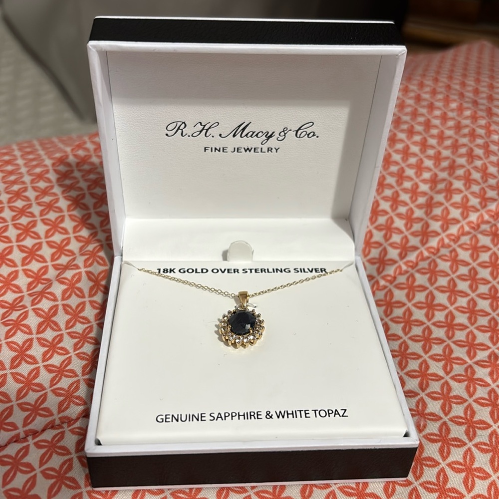 18K Gold over Sterling Silver genuine Sapphire and White Topaz necklace